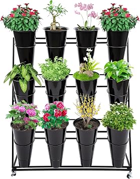 Flower Display Stand Cart With 12 Buckets, Commercial Metal Plant Rack with Wheels, 3 Tiers Shelf Bouquet Holder for Floral Bar Florist Shop Indoor Outdoor Patio Garden Decor