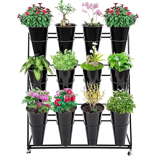 Flower Display Stand with 12 Buckets,3 Layer Plant Cart with Wheels,Heavy Duty Moving Fresh Flower Rack for Patio Lawn Garden Bar Florist Living Room