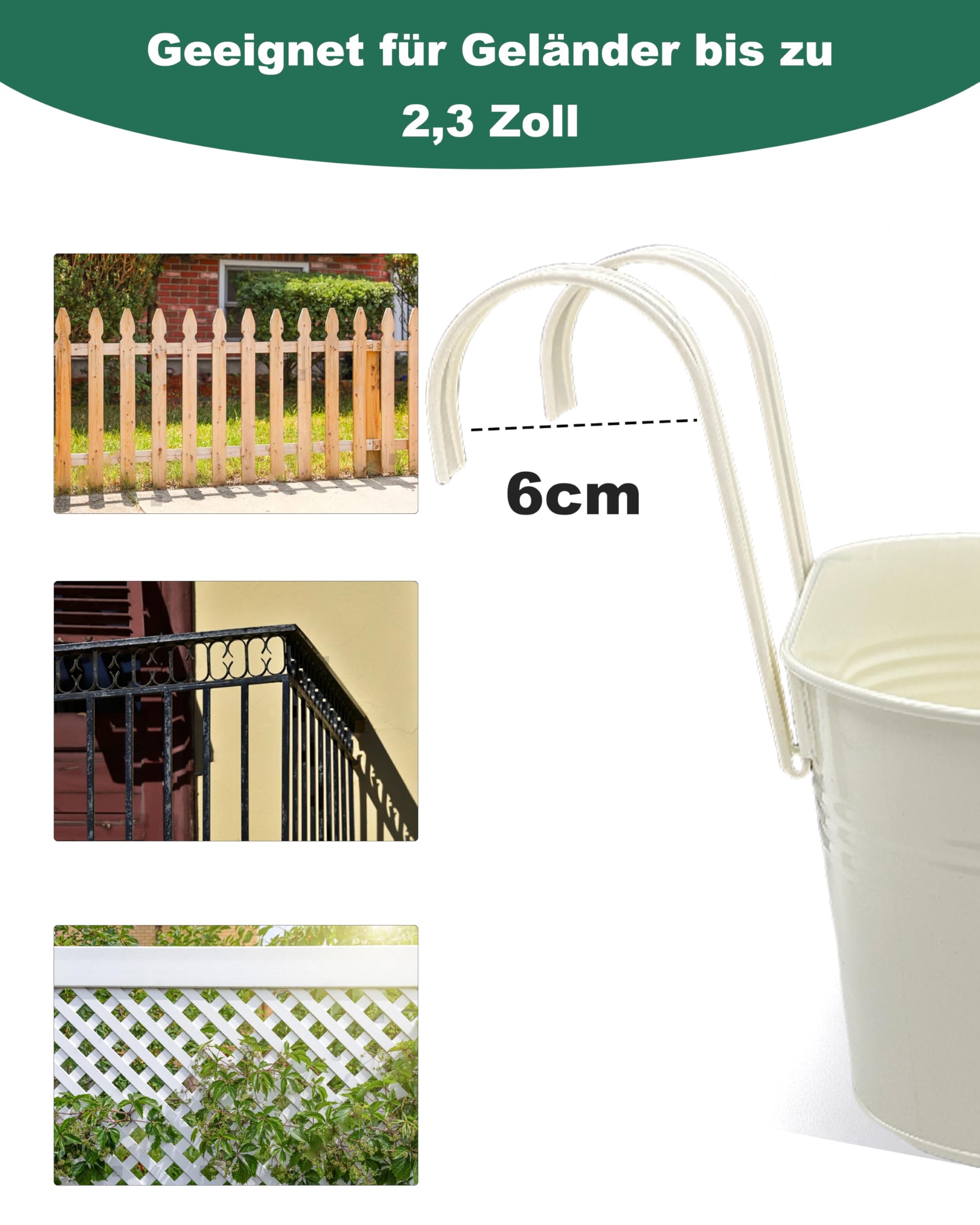 vensovo 5er Set Hängende Blumentöpfe aus weißem Metall – 27,3 cm x 13,5 cm x 11,9 cm – Mit abnehmbaren Haken & Drainageloch – Pflanzgefäße für Balkon, Geländer & Innen- und Außenbereich