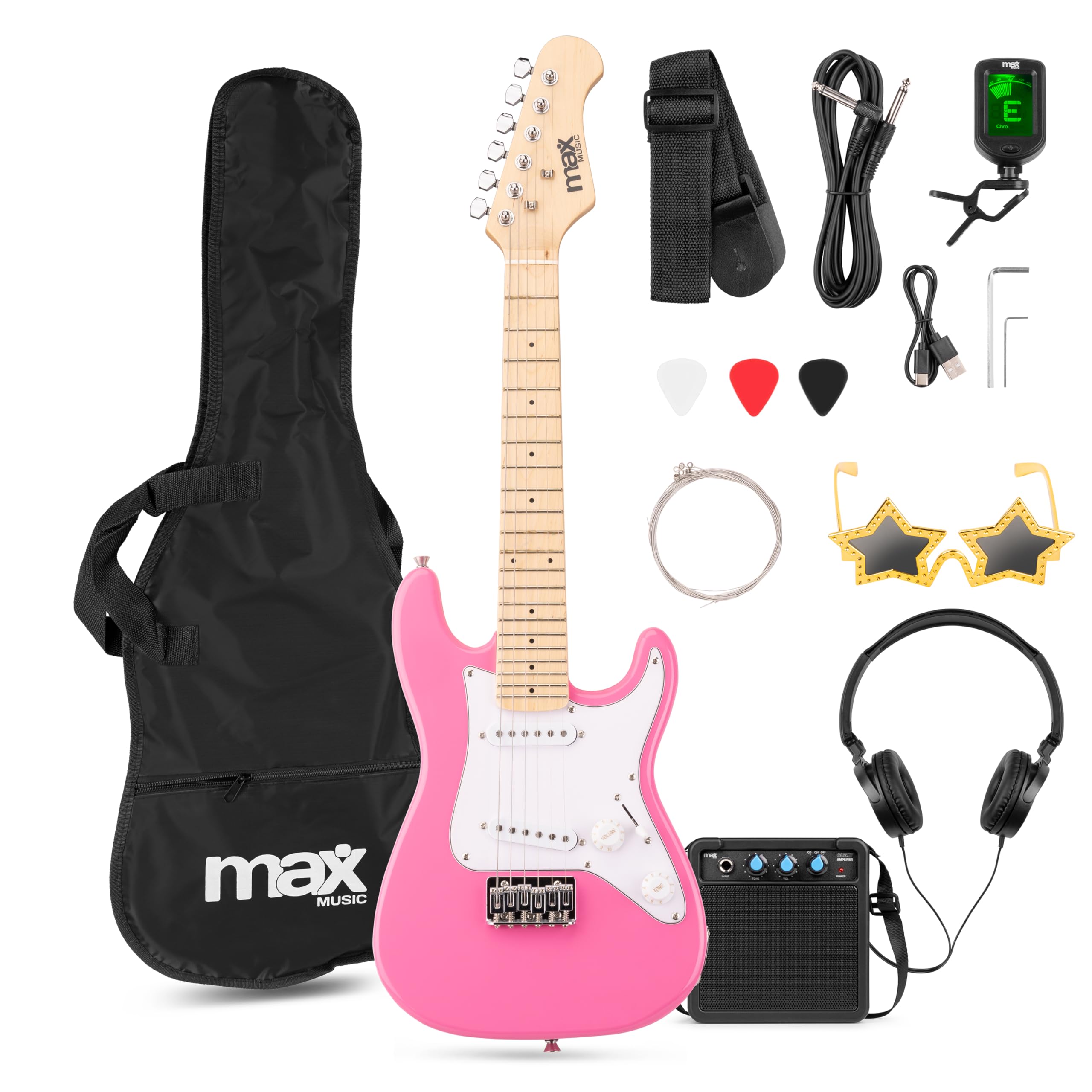 MAX GigKit Junior Guitare Électrique Enfant 1/4 Rose avec Ampli 10W, Housse, Accessoires et Lunettes de Star, Kit Complet Débutant Garçon ou Fille (5 à 7 Ans), Idéale pour Apprendre et s’Amuser