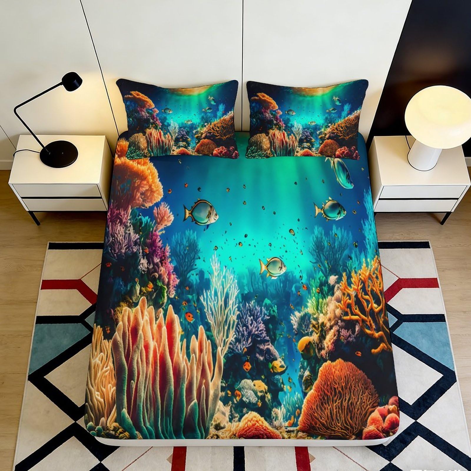 Jqzkxnhpbr Style-5 3D Printed Ocean Coral Reef Fitted Sheet Microfiber Decorative Underwater Fish Bed Cover For Bedroom Guest Room 90X200x25cm