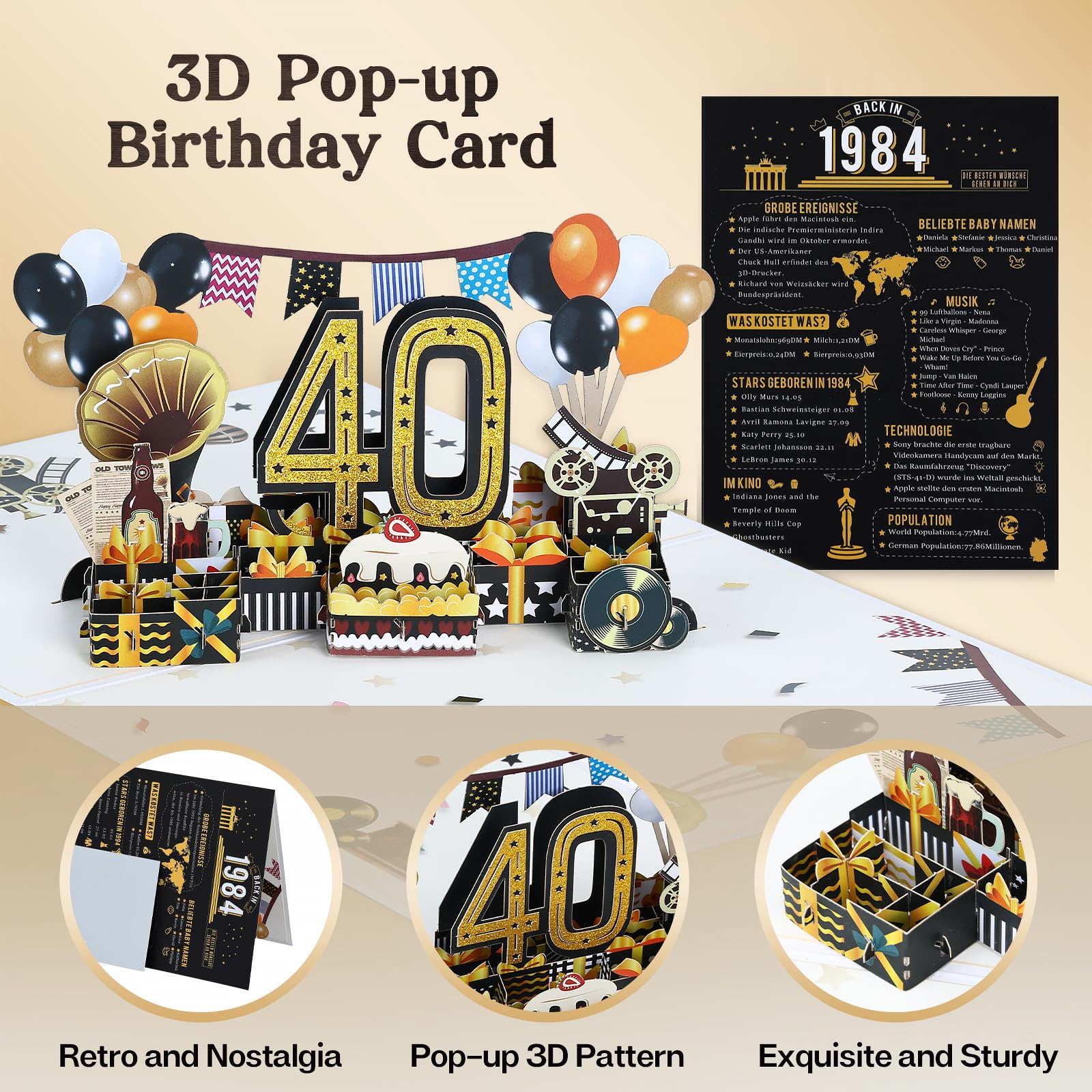 Vicloon verjaardag pop-up kaart,3D pop-up kaart Happy Birthday, Verjaardagskaarten met enveloppenkaart,3D Pop Up wenskaart met LED blaaskaars en lampjes voor familie en vrienden - 40 jaar oud