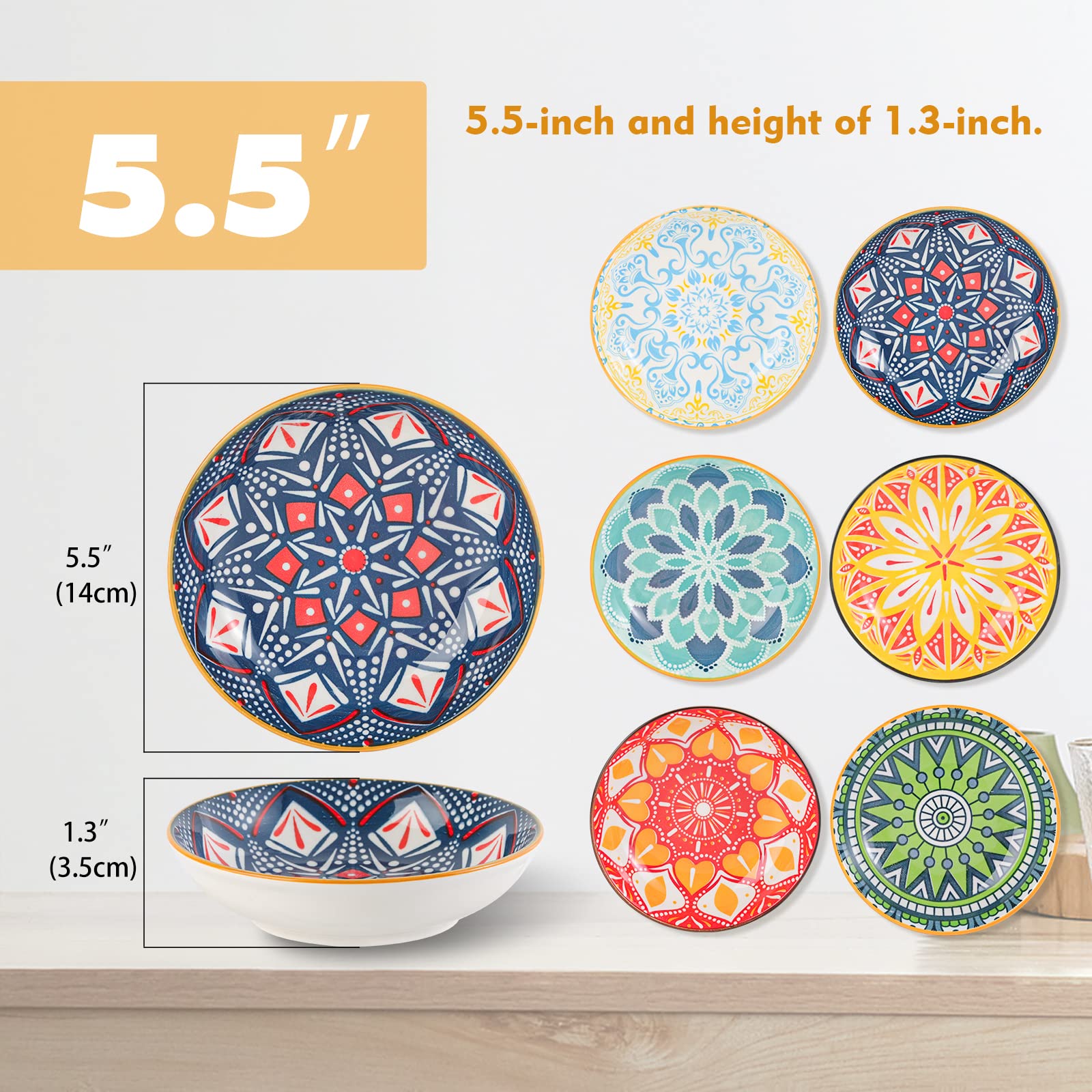 Ceramic Cat Bowls Set of 6, Colorful Cute Shallow Cat Dishes, Great for Multi-Pet Homes, 5.6 Inch, Whisker Friendly and Wide - Image 2