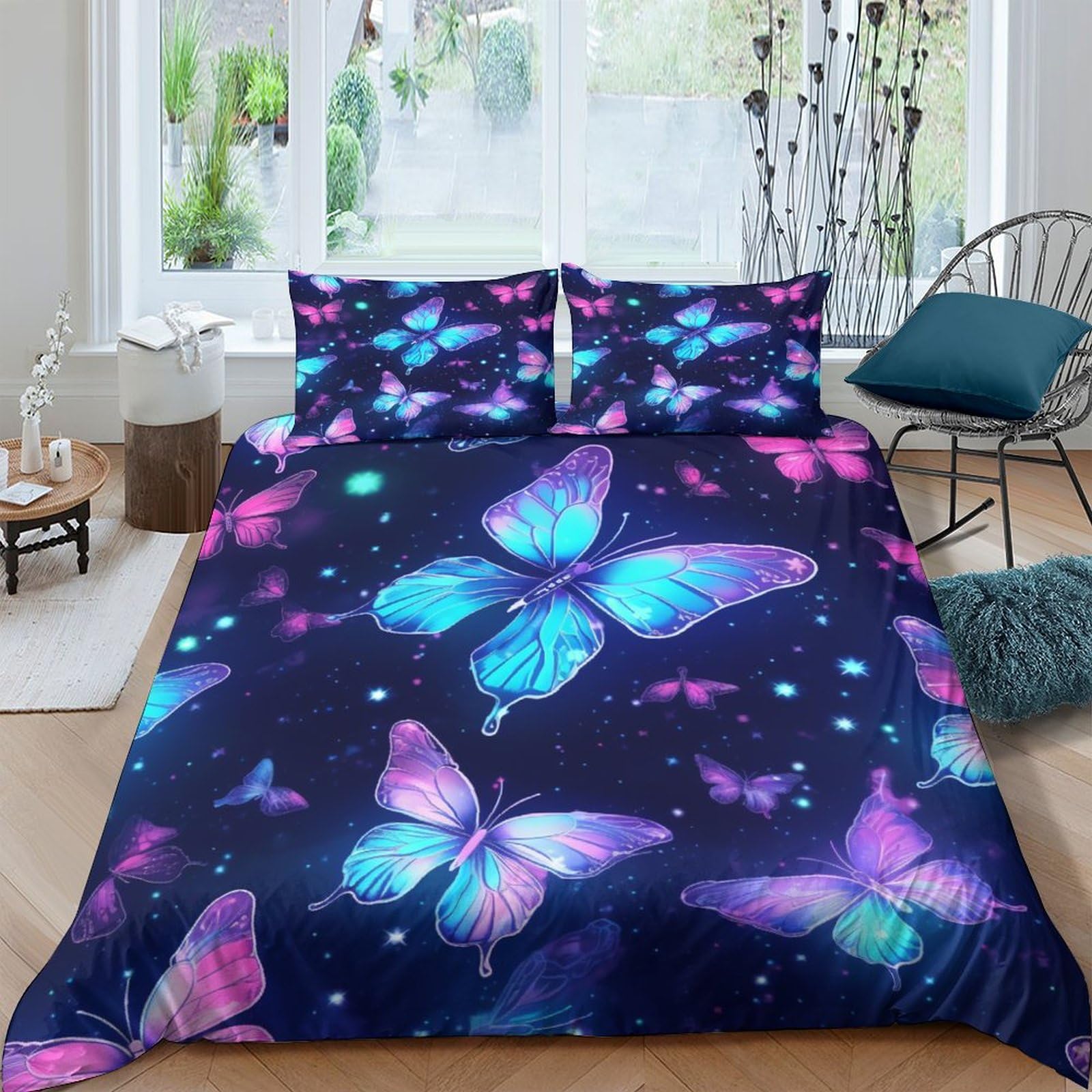 Housse de couette zippée anti-pli en microfibre 220x240 cm motif papillon