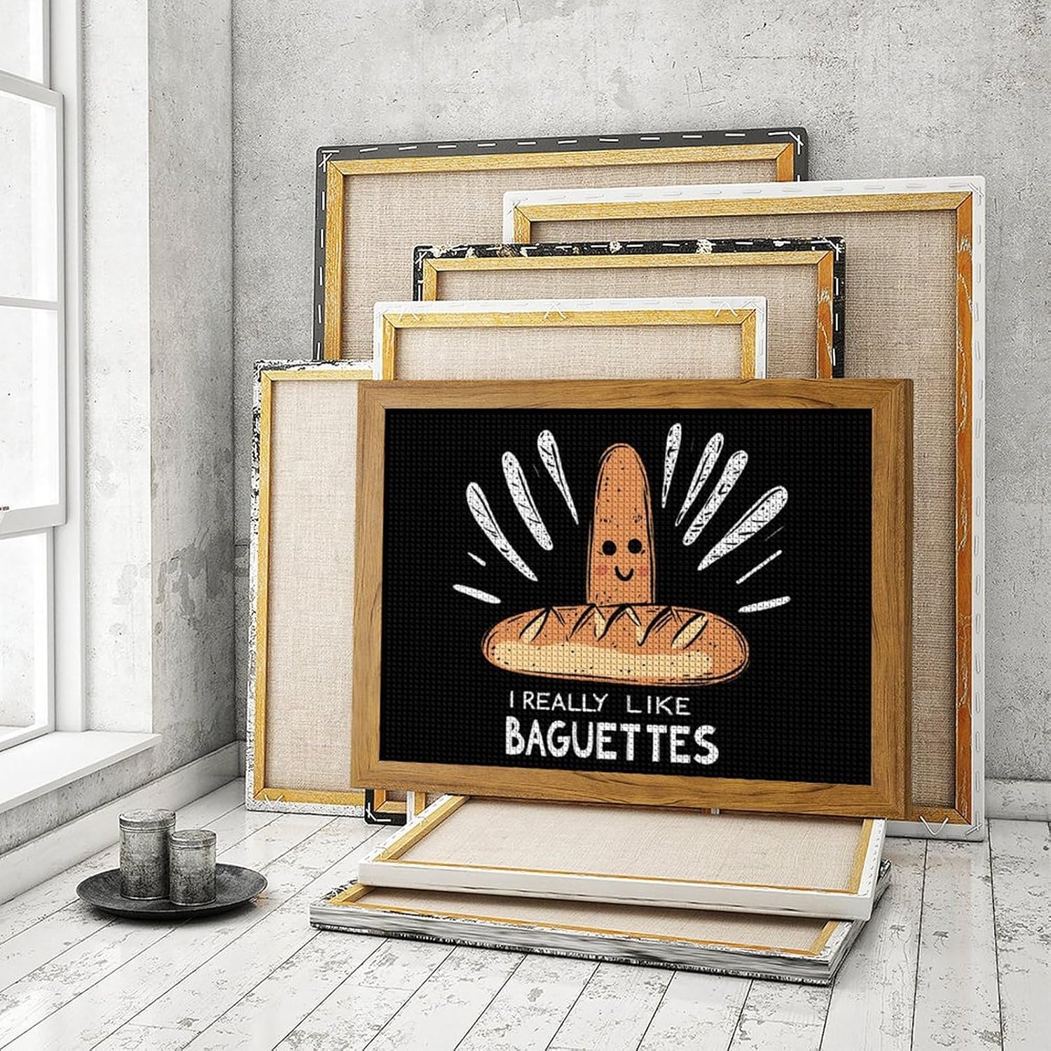 I Really Like French Bread Printed Diamond 5D Painting Kits DIY Full Drill Crafts for Home Wall Decor 16x20 Inch Yellow Wood 50 * 40cm