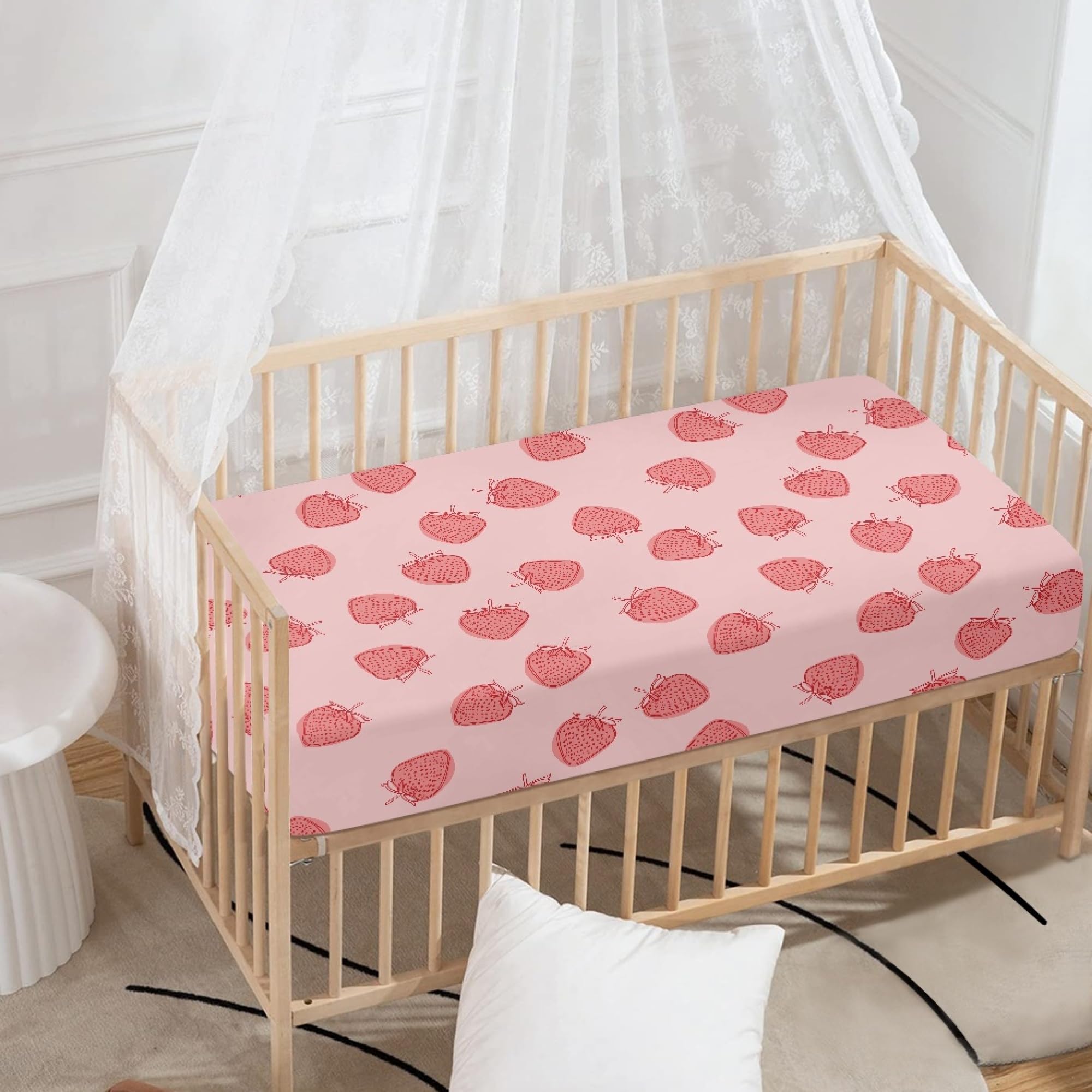Streeyiu Strawberry Baby Crib Sheets for Boys Girls Pink Fitted Crib Sheet for Standard Crib and Toddler Mattress Cute Baby Mattress Sheets Toddler Bed Sheet 52x28x8 in
