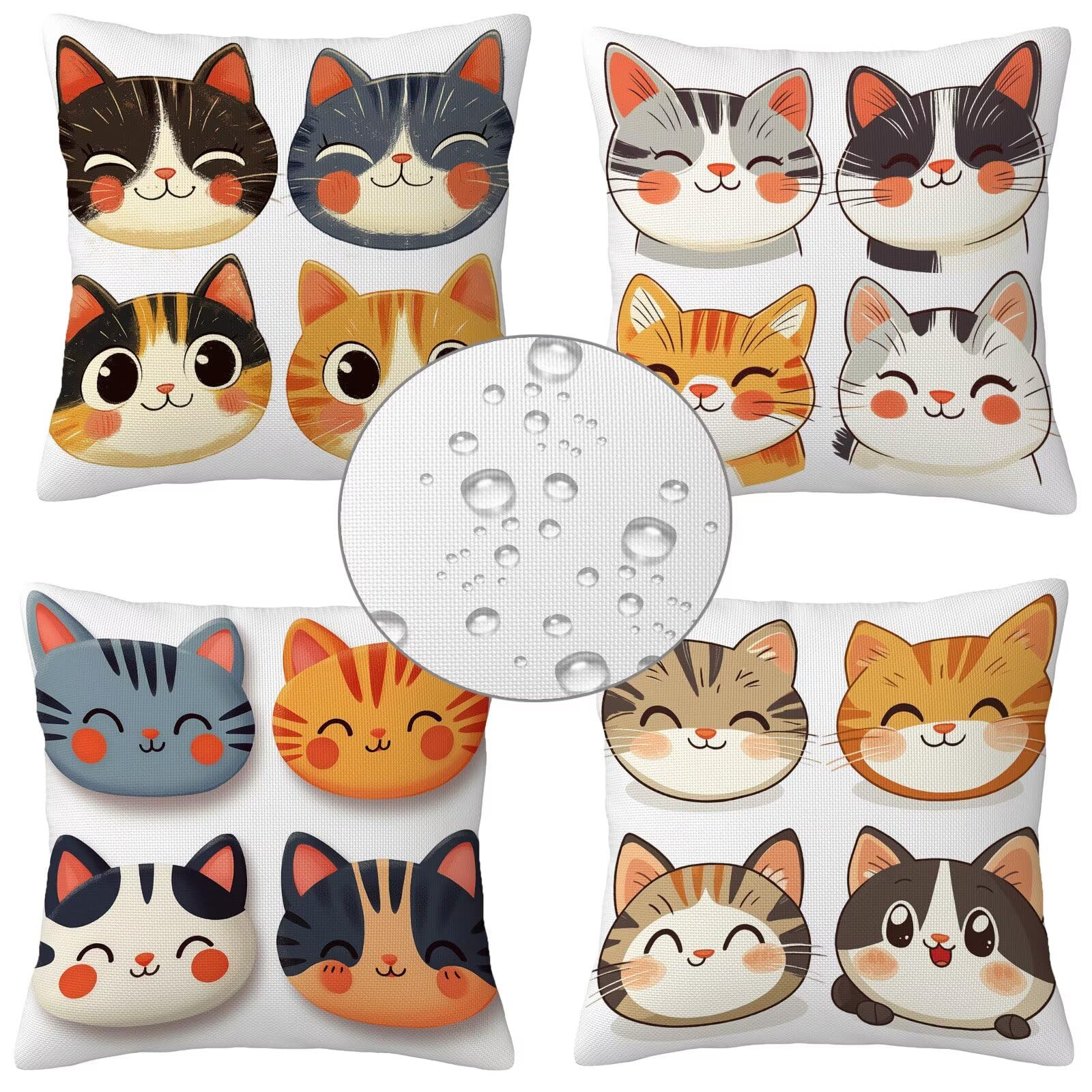Fundas de Cojines Impermeables para Exterior Lindo Funda Cojin 55x55 cm Juego de 4 Cuadradas Lino Funda de Almohada Decorativas para Sofá Terraza Silla Jardín Cojines Decorativos (Gato) L-O339