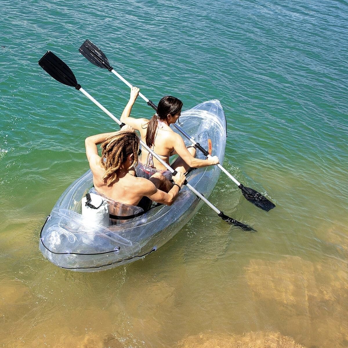 Canoé Kayak Gonflable Transparent 2 Places 2 poignées de Transport avec Accessoires : Gonfleur Manuel + 2 rames + 2 sièges gonflables + Sac de Transport + kit de réparation.