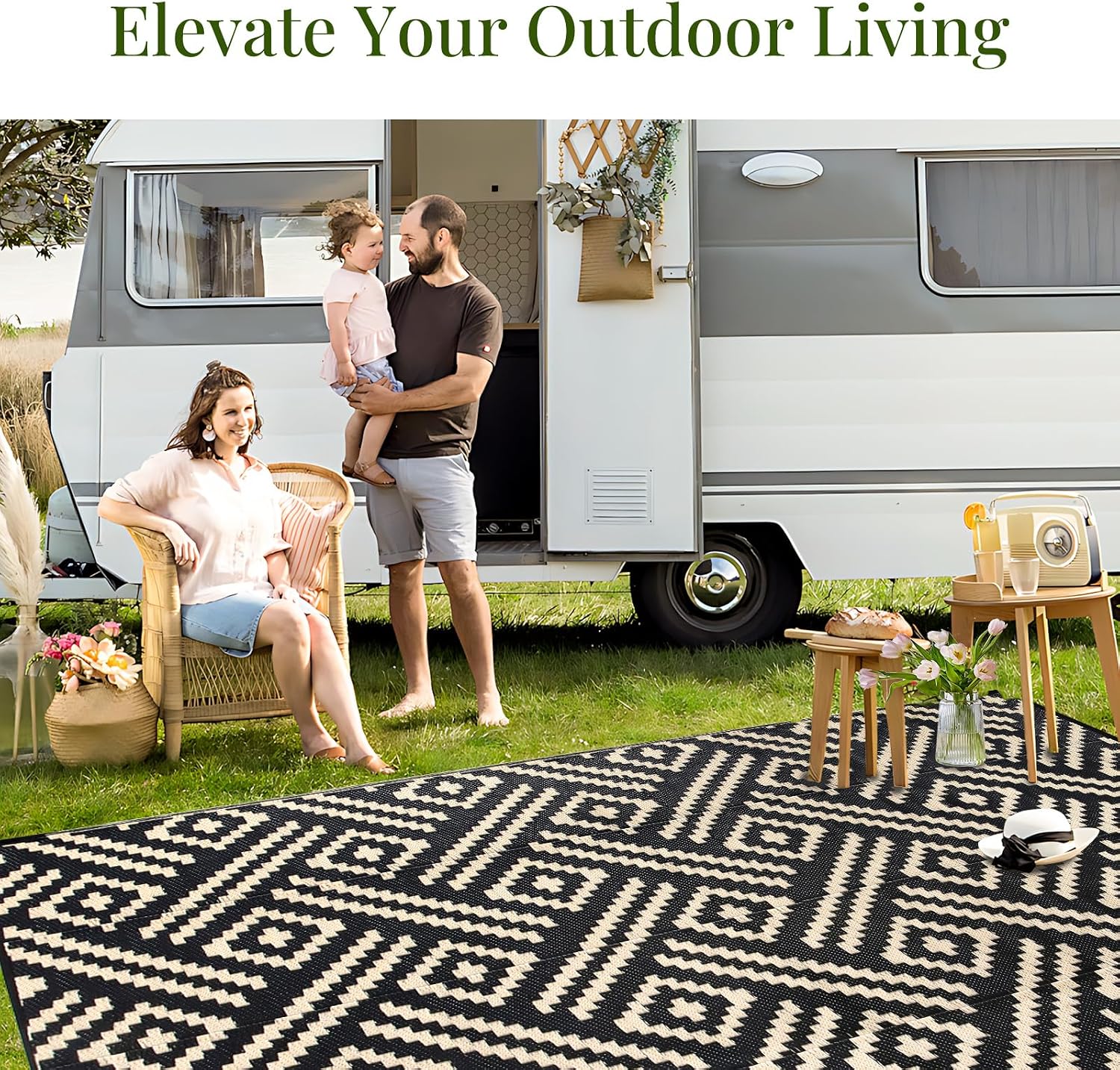 OPPODREAM Outdoor Rug 5x7, Plastic Straw Rug for Patio, Beige & Black | Reversible Checkered, Waterproof Carpet for Balcony, Porch, Backyard, Deck, Camping, RV