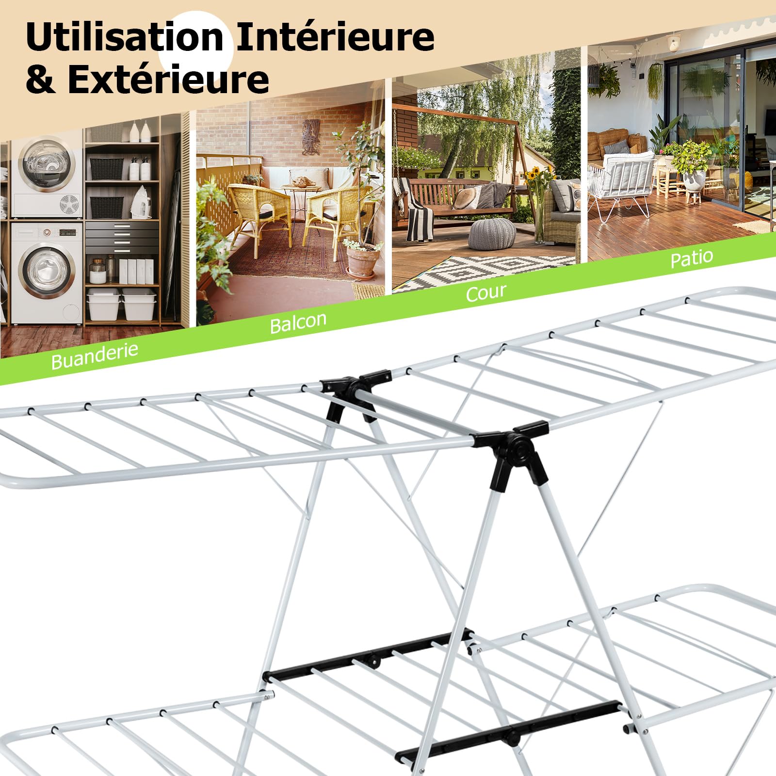 GIANTEX Étendoir Linge Intérieur, Tancarville 2 Niveaux avec Pinces Papillon Réglables, Séchoir à Linge Pliable Déjà Assemblé, Étendoir Linge Extérieur pour Draps & Vêtements, Blanc