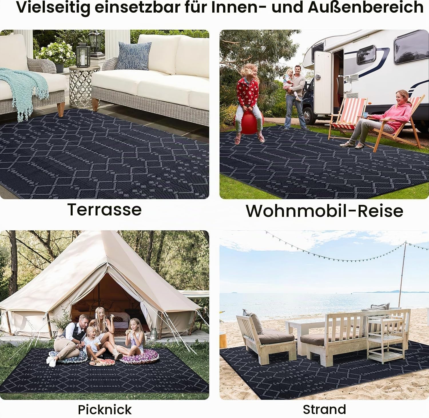 Homaxy Outdoor Teppich Wetterfest 240x300cm, Schwarz & Grau | Beidseitig Nutzbar, Wasserdicht, Boho Design, Für Terrasse, Garten, Balkon, Camping, Picknick