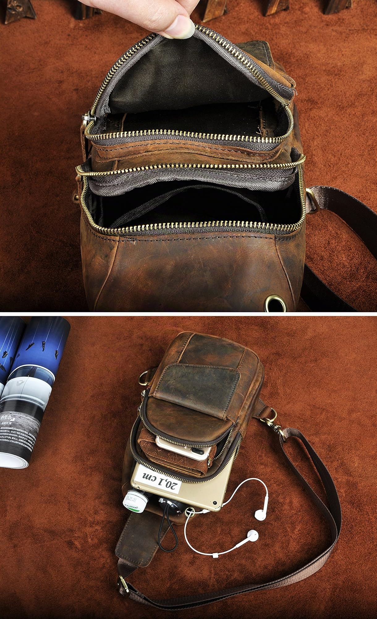 Le'aokuu Sac à bandoulière Hommes Cuir Marron foncé 8013