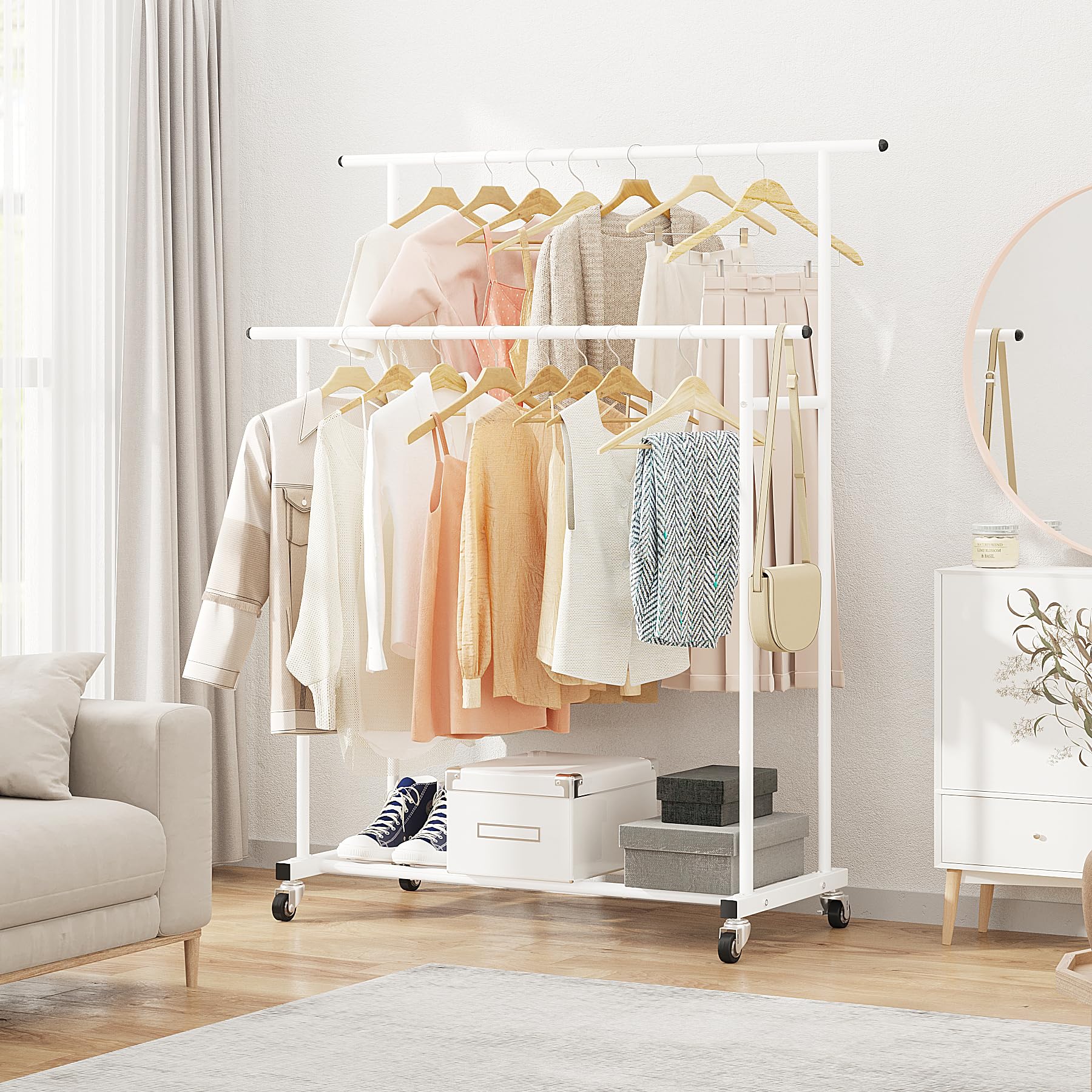 Calmootey Appendiabiti a doppia asta, appendiabiti portatile per camera da letto, soggiorno, negozio di abbigliamento, bianco