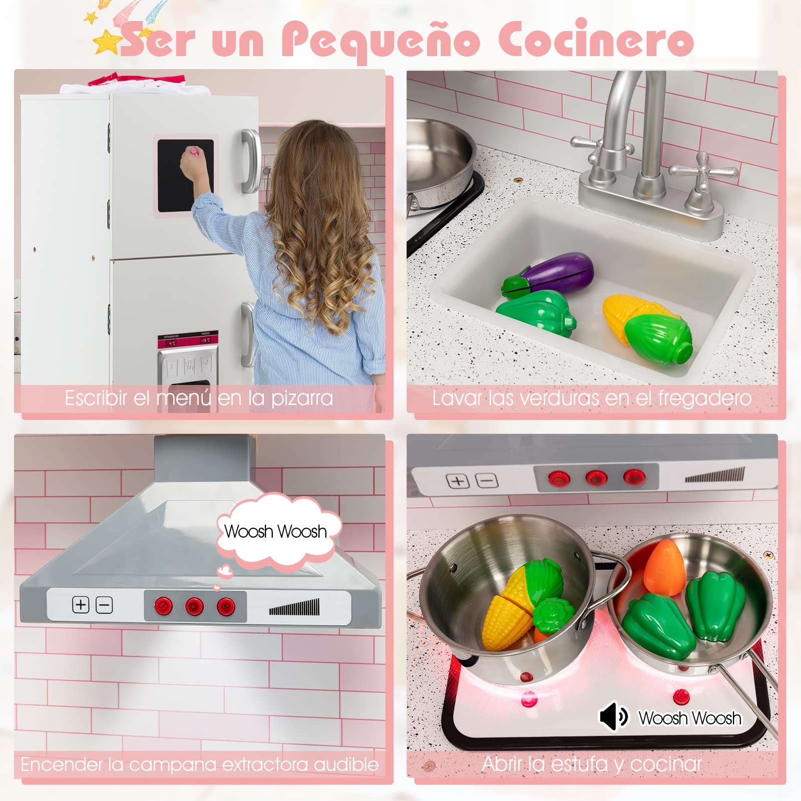 COSTWAY Cocina de Juguete de Madera para Niños, Juguete de Cocina con Delantal, Gorro de Cocinero, Accesorios para Ollas, Fabricador de Hielo, Sonidos y Luces Animadas, Cocina Infantil (Rosa)