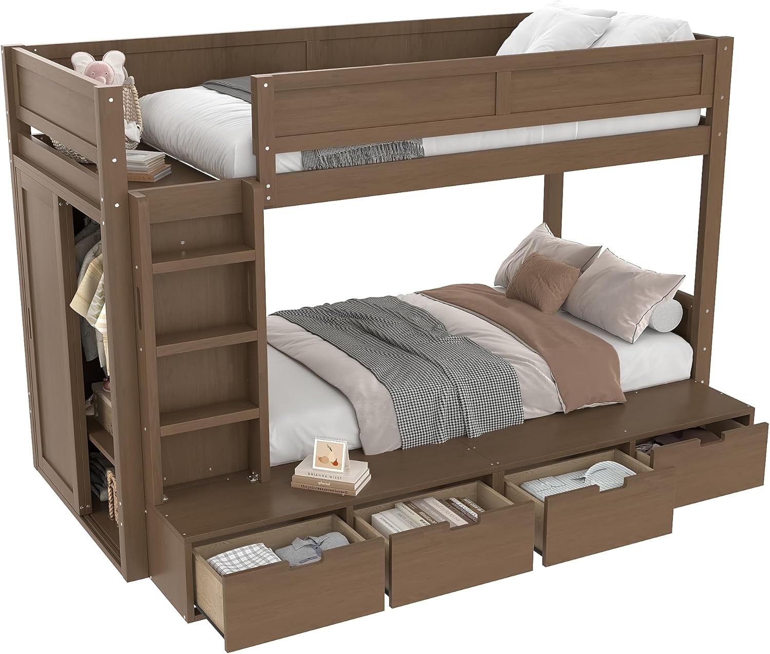 Wood Bunk Bed Twin over Twin with Drawers and Wardrobe for Boys Girls, Twin Size Bunk Bed with Slat Support and Full-length Guardrails for Kids Teens Adults, No Box Spring Needed, Space Saving, Brown