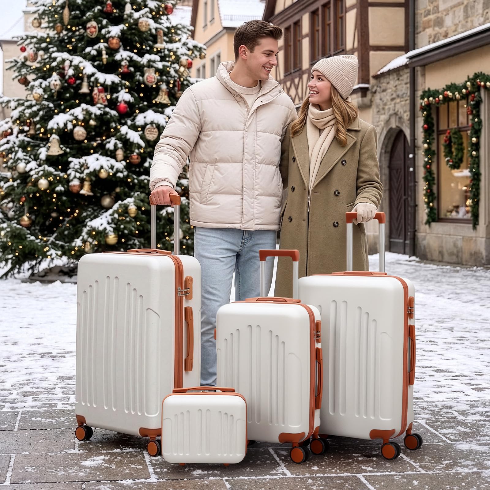 LEADZM Set de 4 Valises de Voyage avec Vanity Case, Valise Grande Taille & Cabine, Valise Soute Ridide en ABS, Bagages Cabine avec roulettes Pivotantes 360° et Cadenas (Beige-Brun)