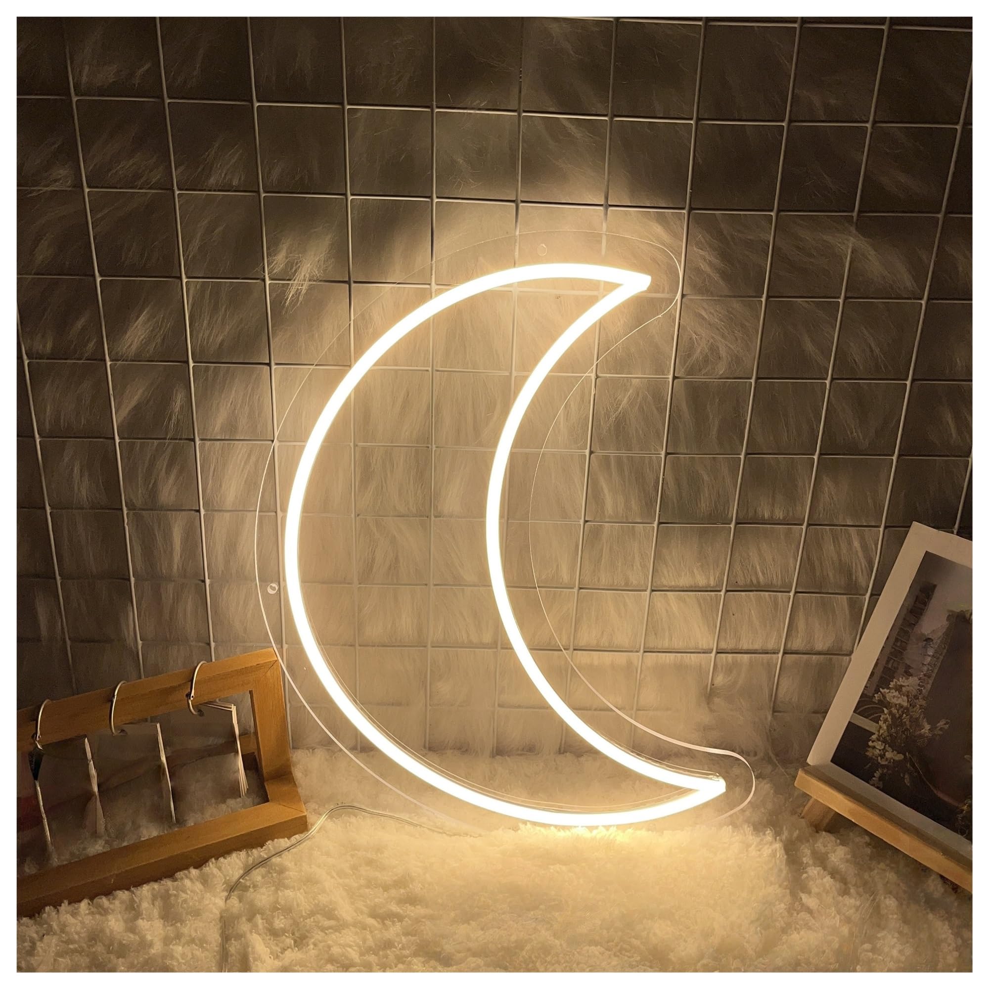 RONGCH Hanging Art Neon Signs Moon Neon Sign, Suitable for Kids Room Cafe Decor with Brightness Adjustable 19cmx25cm