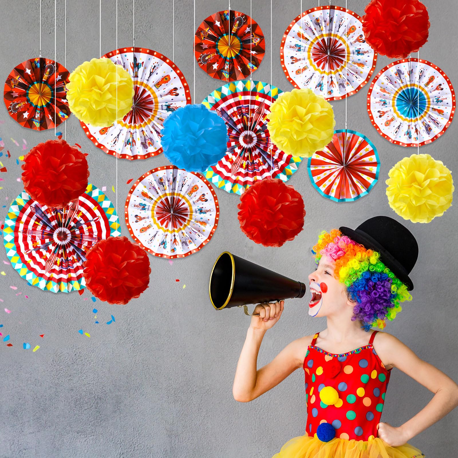 Outus 21 piezas de decoraciones de fiesta de carnaval con abanicos de papel colgantes de circo, rojo, amarillo, azul, pompones de papel, flores de papel para techo, pared, carnaval, tema de circo,