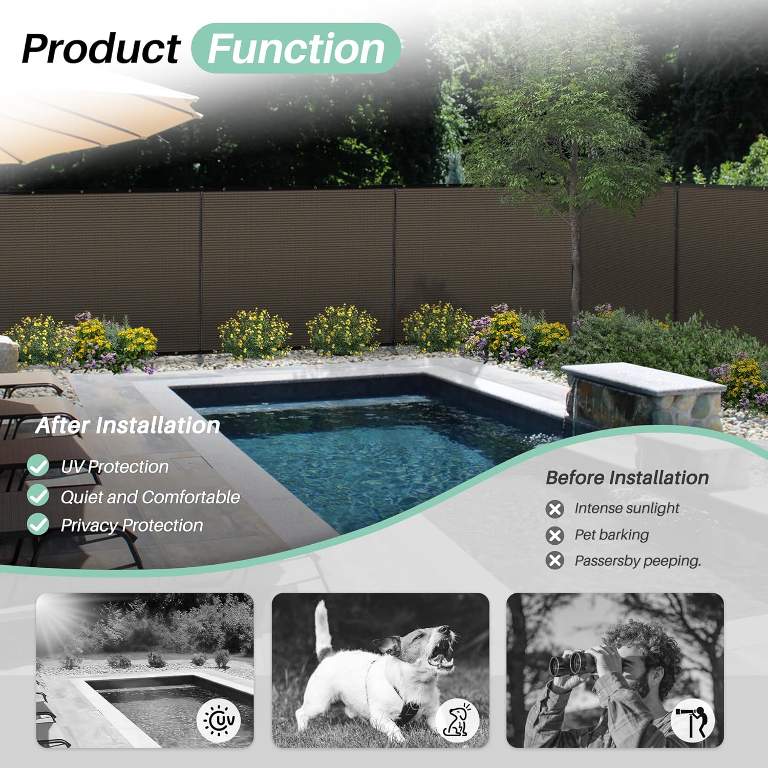 SunnyRoyal 6' x 12' Privacy Fence Screen Panel with Iron Poles Freestanding No Dig Heavy Duty Windscreen Mesh Fabric Temporary Dog Fencing for Outdoor Backyard Patio Garden (Brown)