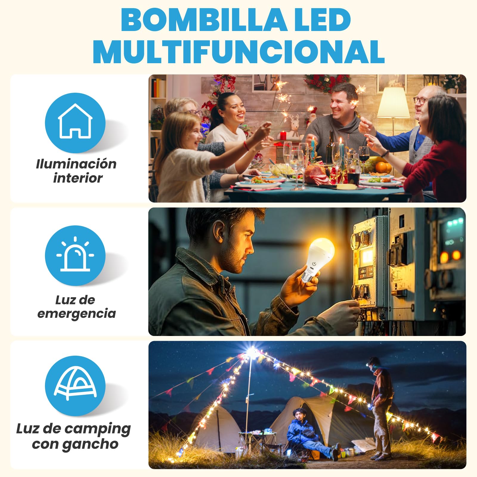 Bombilla Recargable E27 con Mando a Distancia, 3 Temperaturas de Color Regulable Bombilla Inalámbrica sin Electricidad con Batería, USB C Recargable, para Camping, Emergencias(2-unidad)