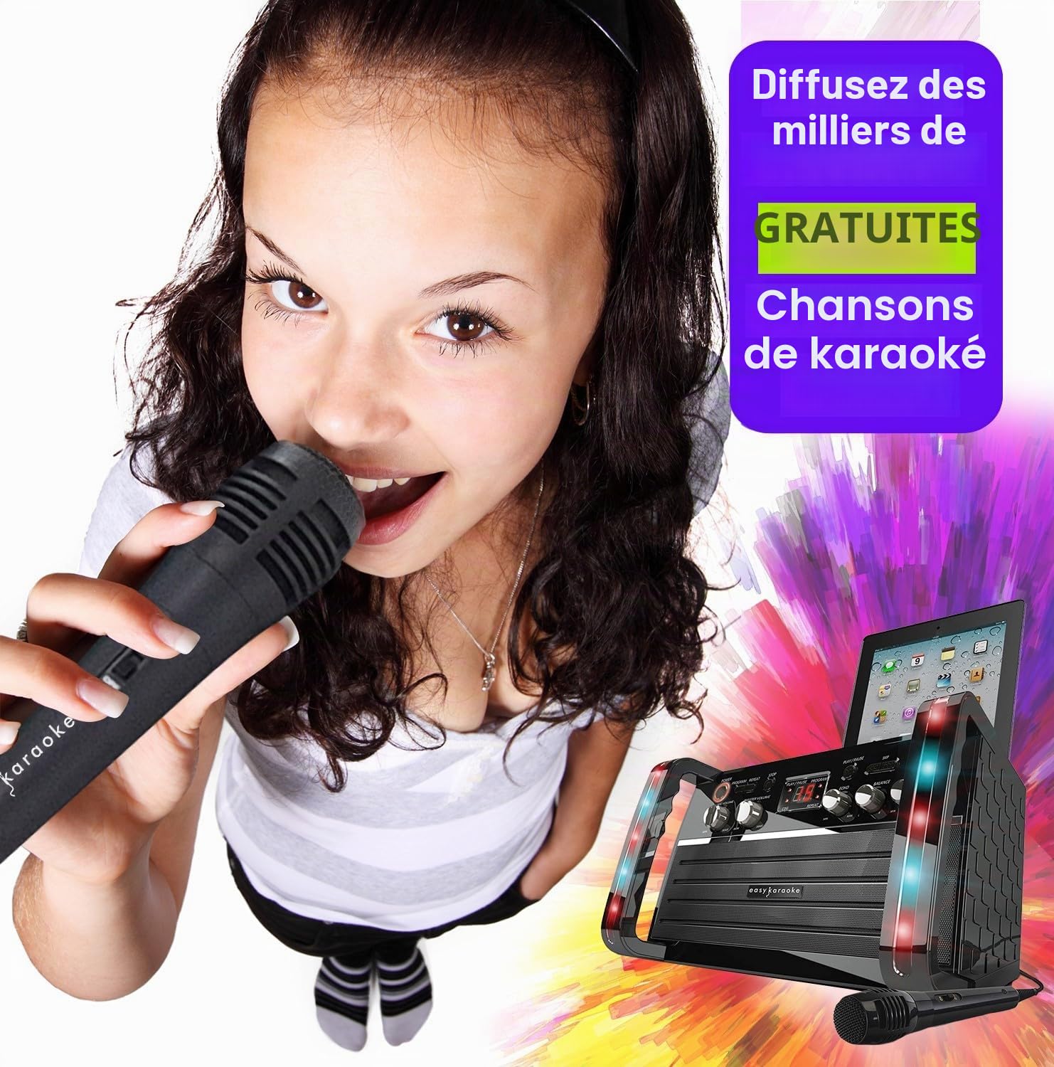 Easy Karaoke EKS213-BT Machine de karaoké Bluetooth CD+CDG avec lumières LED, Haut-Parleur intégré et 1 Microphone