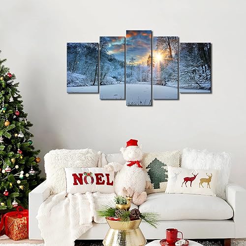 Miniatura 3 de Arte de pared de invierno, campo de nieve, lienzo moderno, pintura en lienzo de invierno, nieve, bosque, árbol, amanecer, puesta de sol, paisaje,