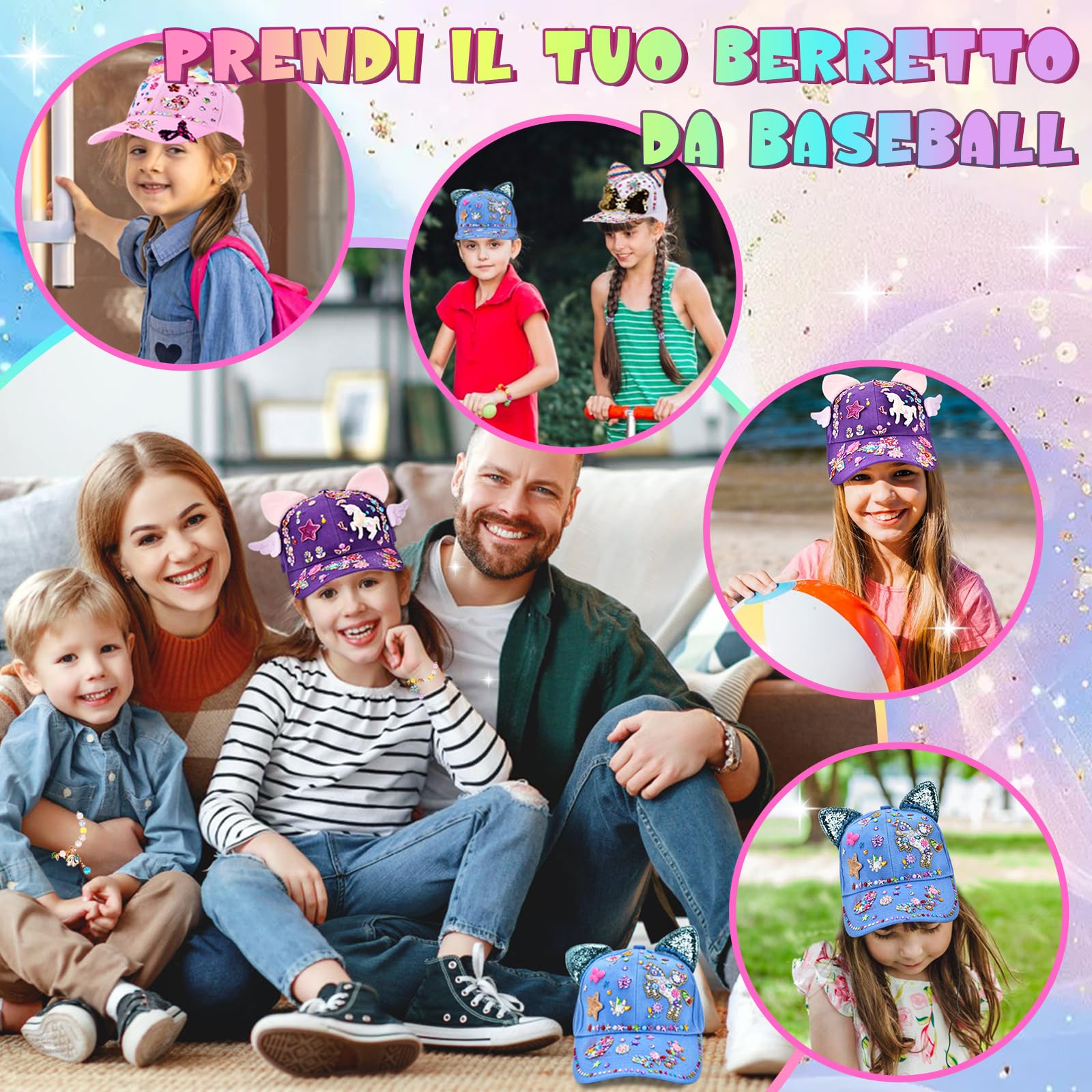Aragallant Regalo Bambina 5 6 7 8 9 10 Anni, 4 PCS Kit Fai Da Te Cappellino da Baseball con Gemma Stickers e Braccialetti, DIY Berretto Baseball Idee Regali Ragazze Natale Compleanno di Nuovo a Scuola