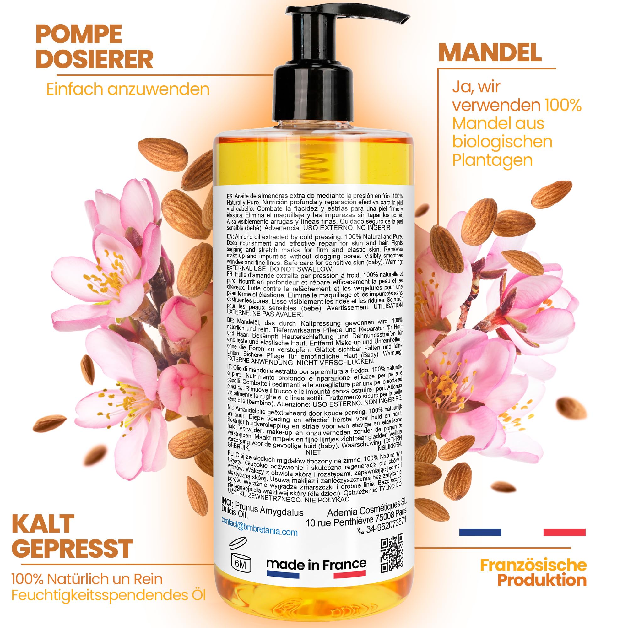 Bleu & Marine Bretania - Natürliches Mandelöl kaltgepresst 10000ml | Unraffiniert, GVO-frei | Schwangerschaftsstreifen-Vorbeugung | Make-up-Entferner | Haar-Reparatur, Orange