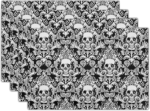 Giwawa Juego de 4 manteles individuales decorativos de lino con diseño de calavera gótica de Halloween, para cocina, comedor, resistente al calor,