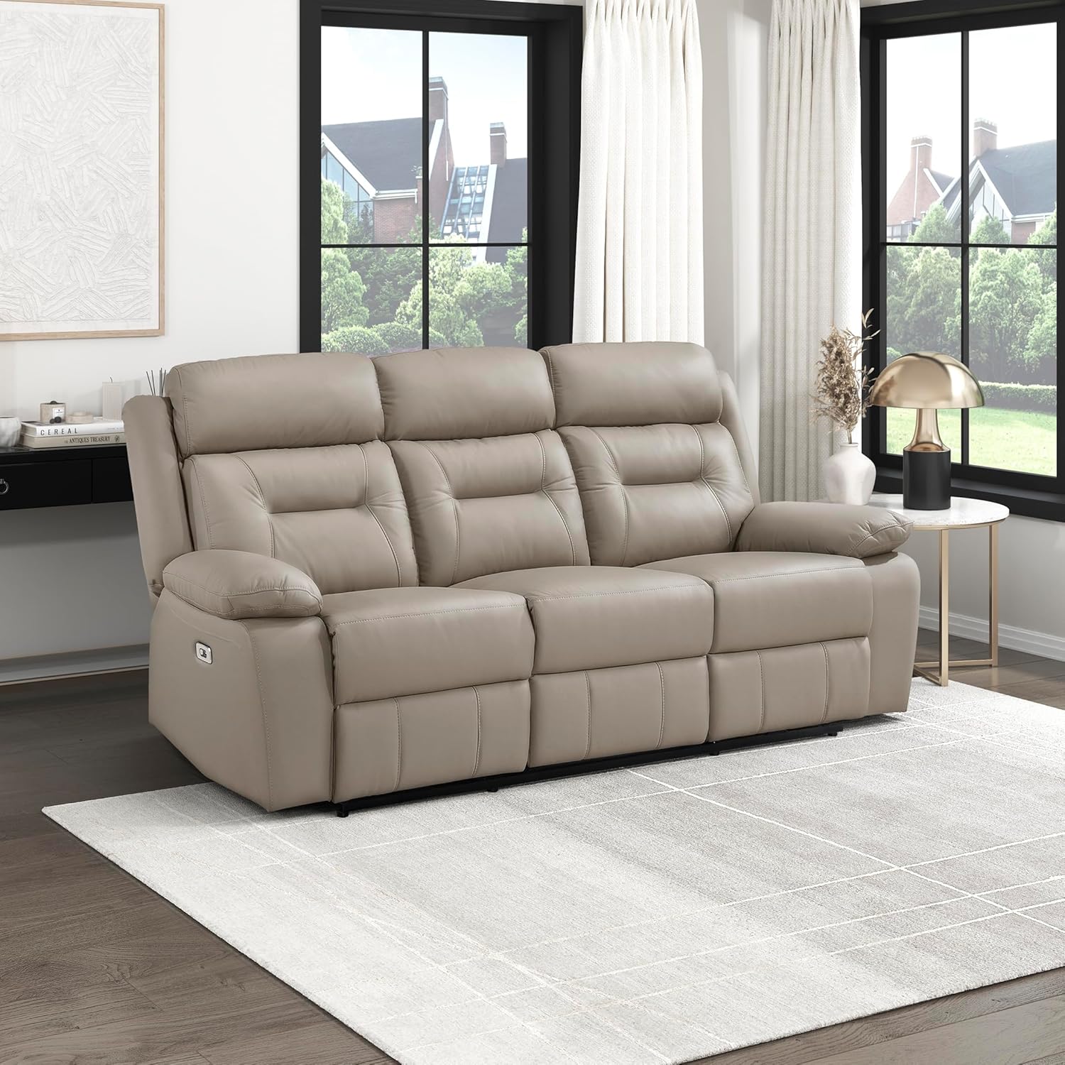 incomplete Lexicon Power Double Recliner Sofa, Top Grain Leather Match Reclining Sofa with Pillow Top Armrests, Home Theater Seating, Wall Hugger Recliner Couch with USB Port, 87\" W, Latte Latte Sofa Couch