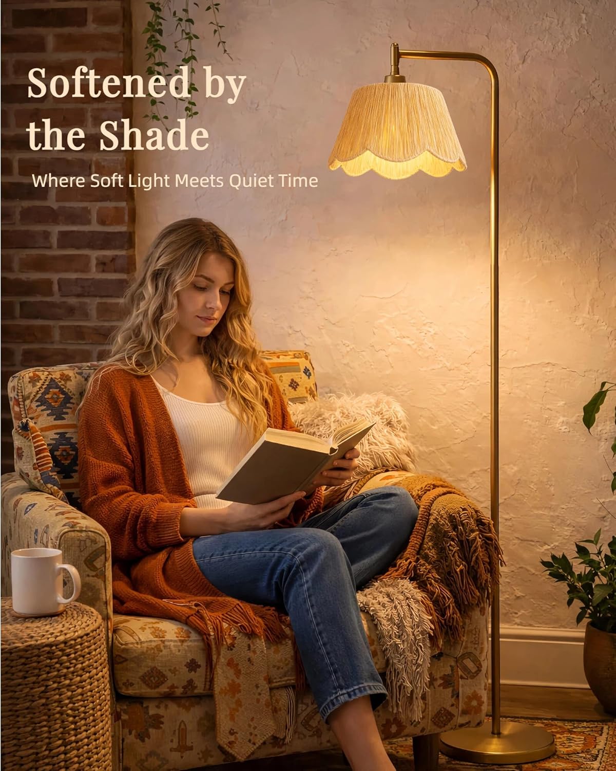 JOOFO Boho Floor Lamp with Remote & Foot Switch, Brushed Gold Standing Lamp with Scalloped Textured Shade, Stepless Dimmable Tall Lamp for Living Room Bedroom Office Reading(Bulb Included)