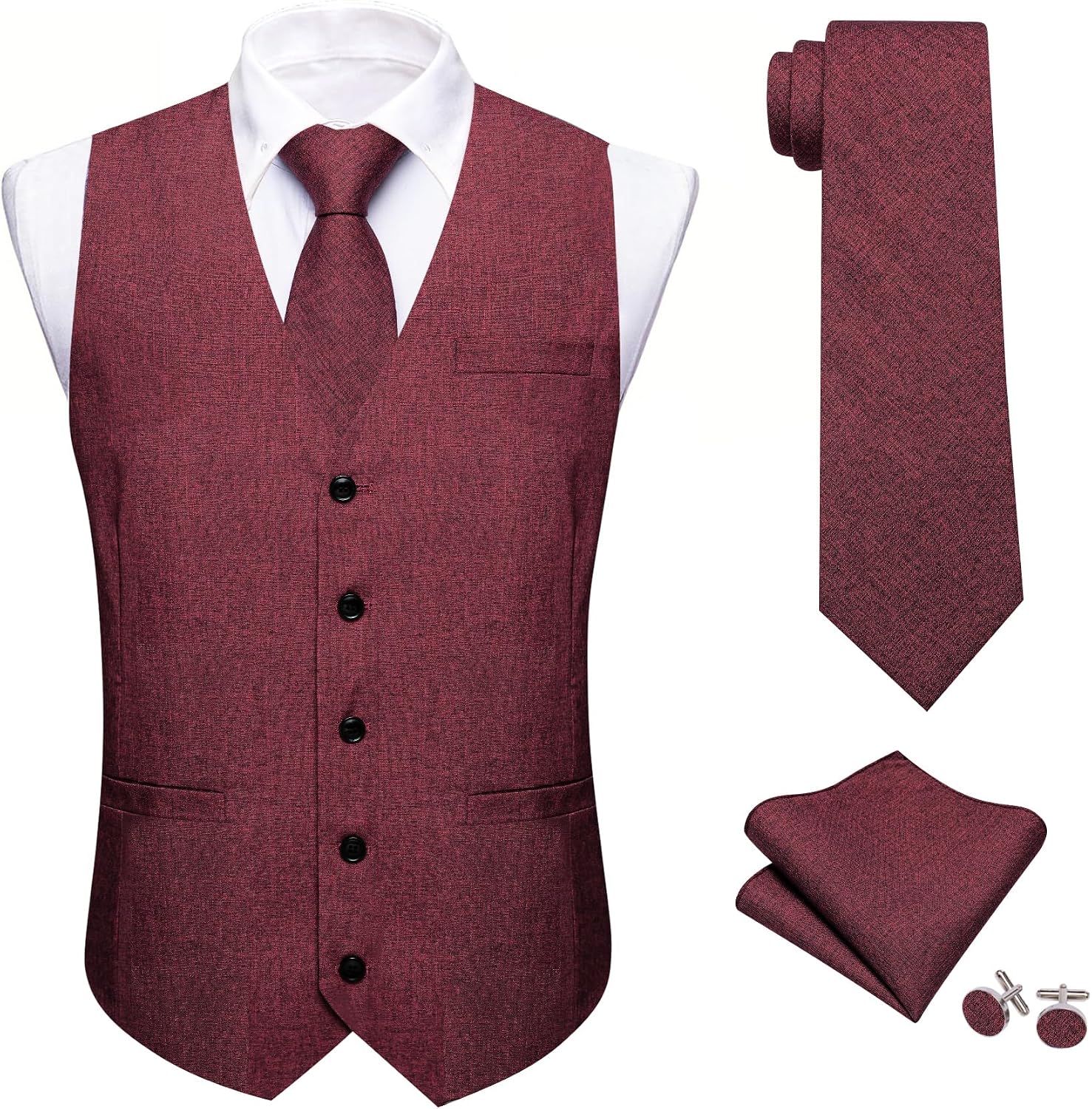Barry.Wang Linen Casual Business Mens Suit Vest Tie Set Wedding 5PCS Vests