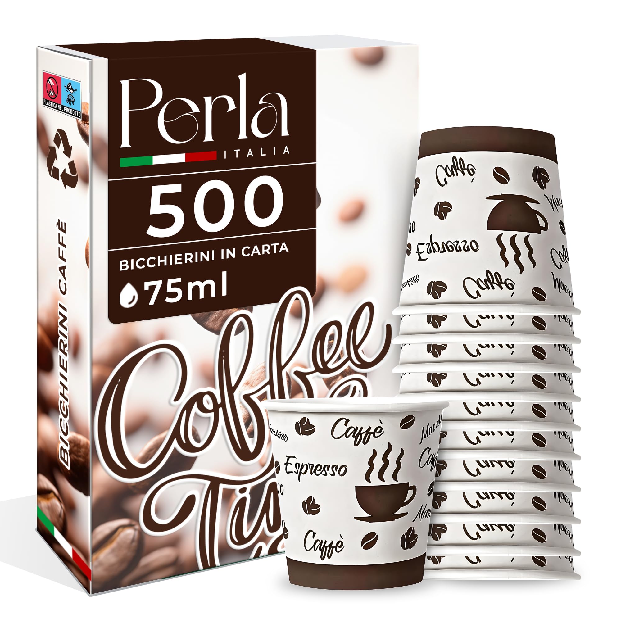 Perla - 500 Bicchierini Caffe Carta 75ml - Bicchieri Caffè Monouso Biodegradabili - Bicchierini da Caffè Usa e Getta Ecosostenibili per Bevande Calde