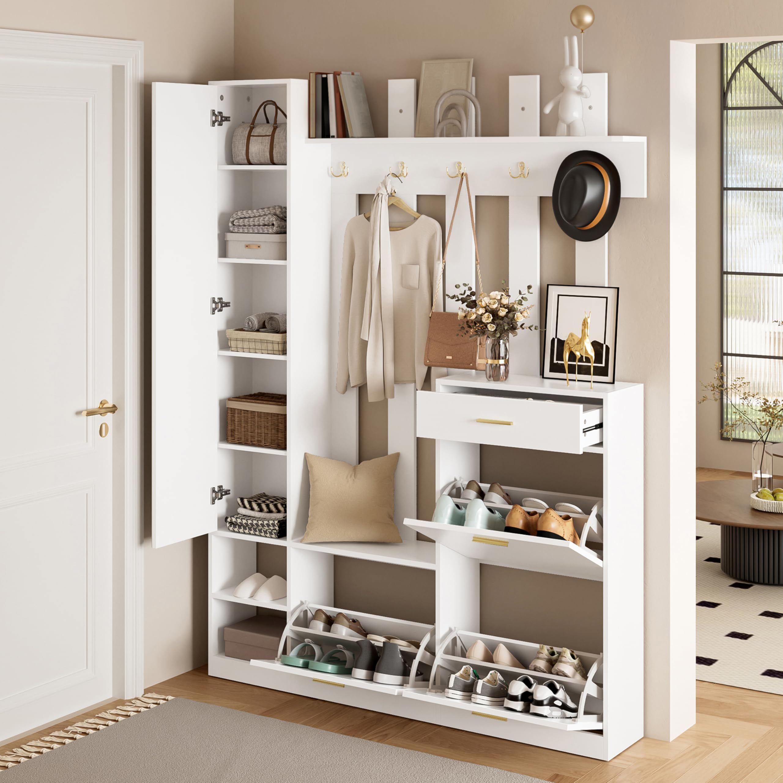 133 x 23,5 x 180 cm, set di guardaroba per corridoio, con specchio, 3 scarpiere, 1 cassetto e molti ganci, per corridoio, ingresso (bianco)