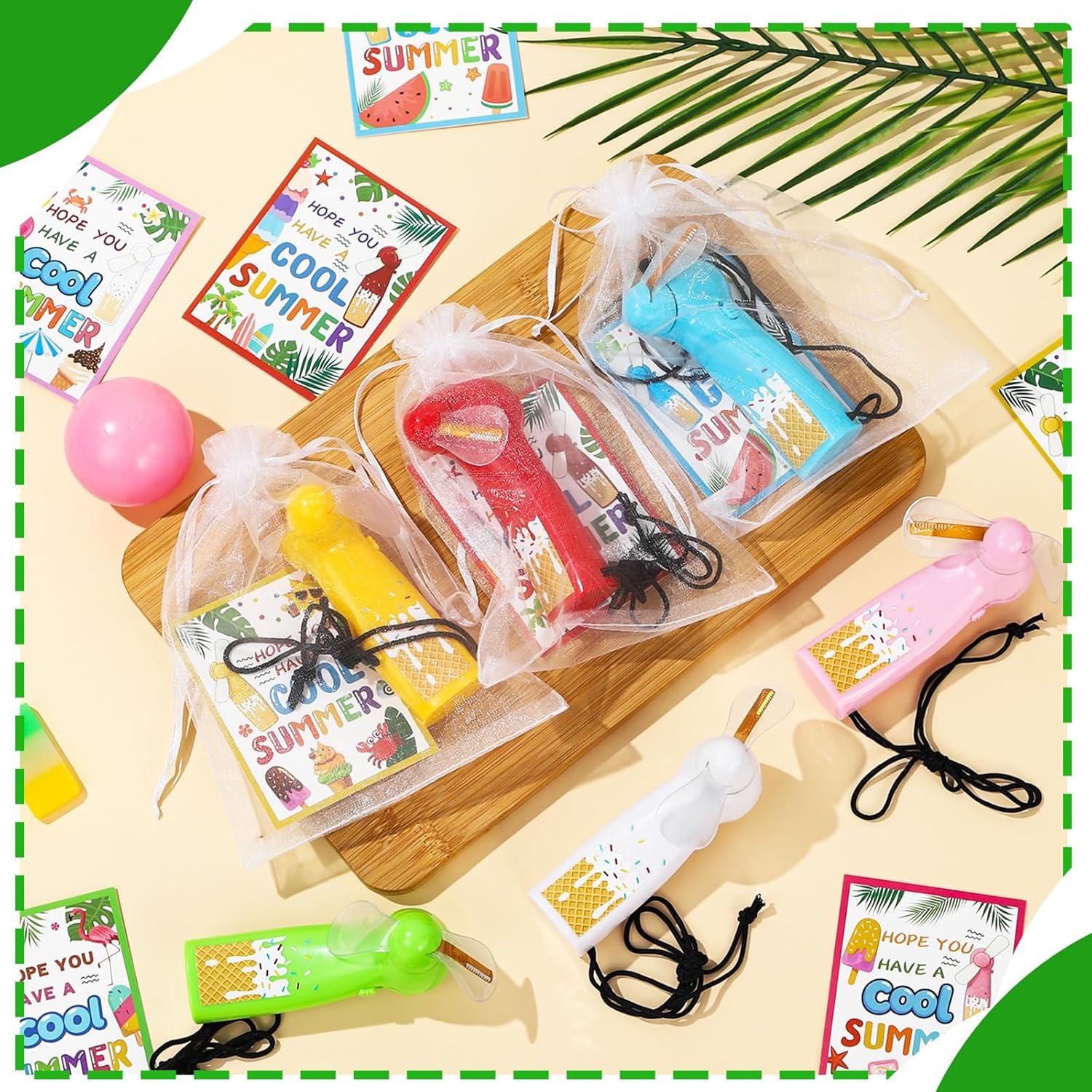 12 Pack 2026 End of Year Student Gifts Bulk Mini Portable Handheld Fans Novelty Hello Summer LED Battery Powerful Fans with Cards Organza Bags for Kids Classroom Prize Graduation Party Favors