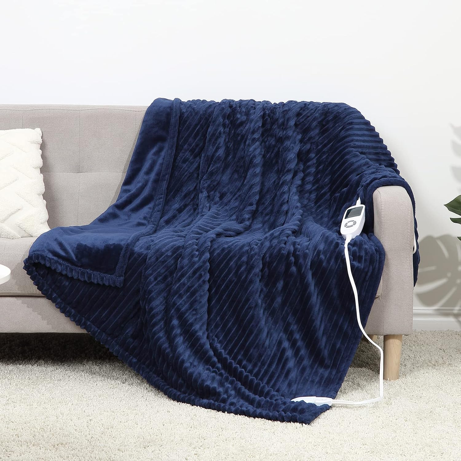 CAROMIO Striped Heated Blanket Electric Throw - Fast Heating Throw 10 Heating Levels & 1-3H Auto Off Machine Washable Electric Heating Blanket Throw with Overheating Protection, Navy
