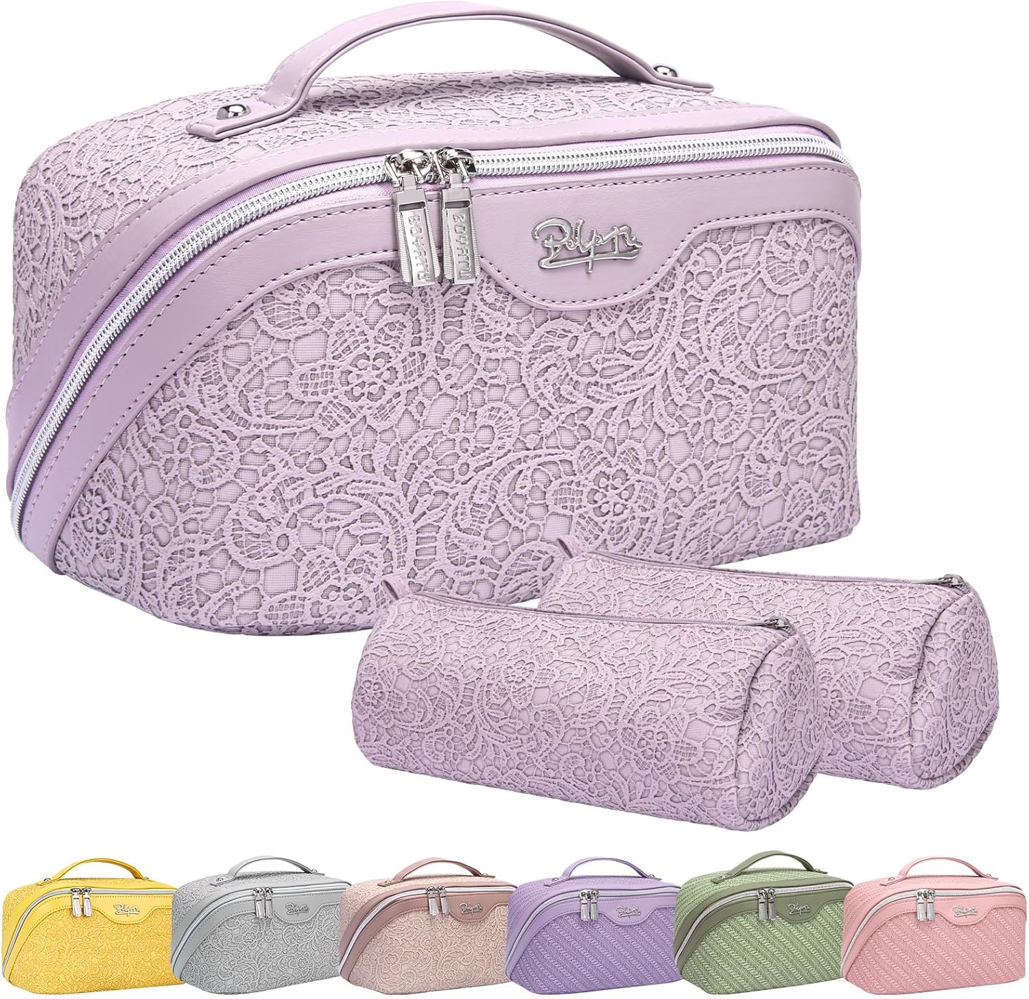 BOYATU Travel Makeup Bags Cosmetic Organizer Bag: 3-Set Large Capacity Make up Bag - PU Leather Toiletry Bags for Women - Wide Open Portable Pouch with Divider & Handle (02-Z-Violet)