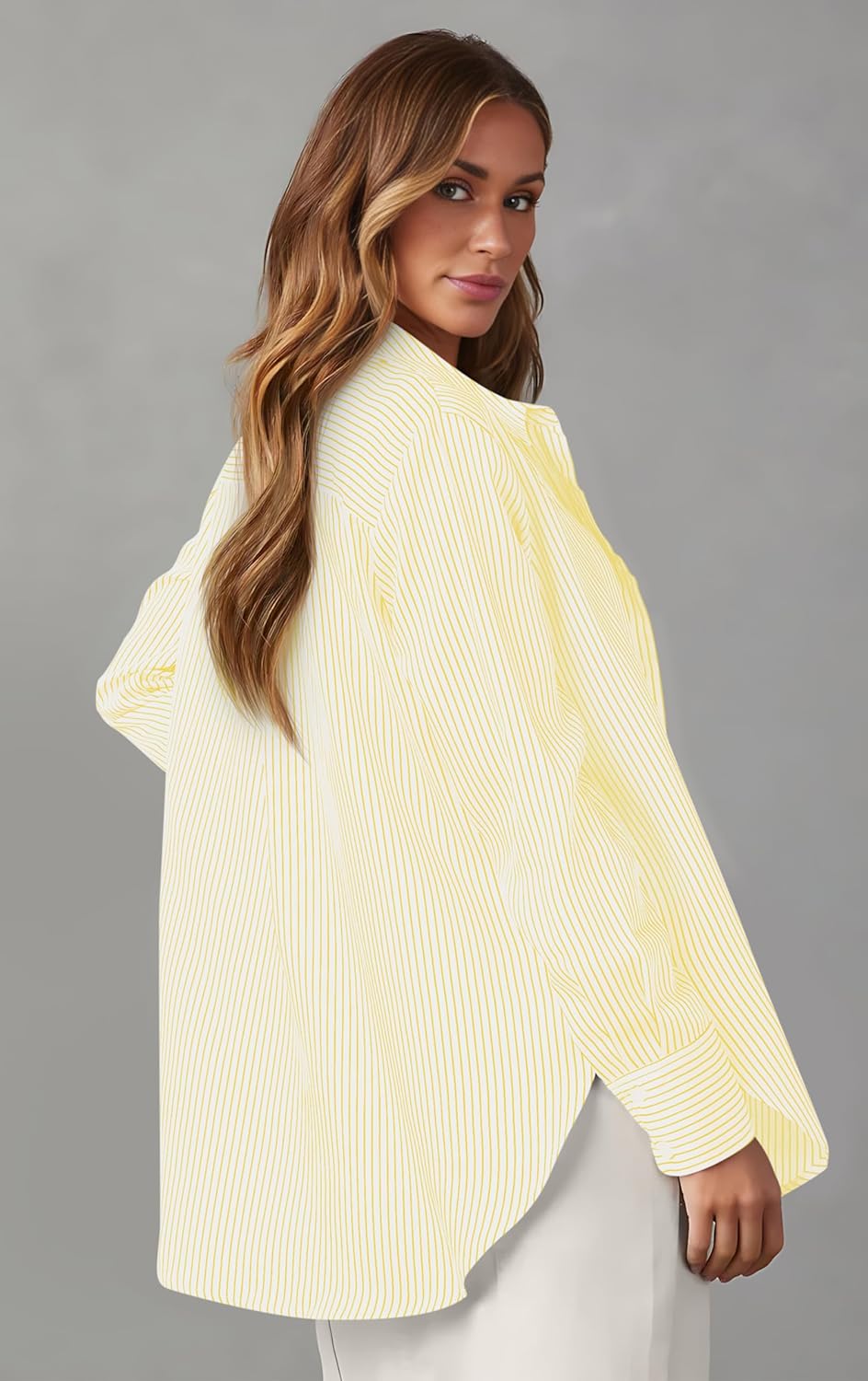 OMSJ Women’s Striped Button Down Shirts Casual Long Sleeve Stylish Collared Office Work Blouses Tops - Image 2