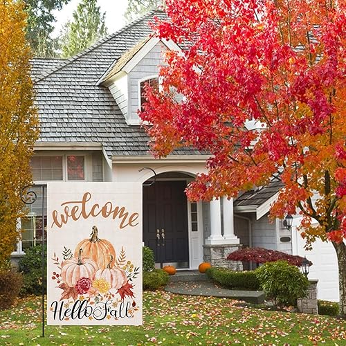 Miniatura 6 de Bandera de jardín de bienvenida con texto en inglés Hello Fall de arpillera de doble cara de 12 x 18 pulgadas para Acción de Gracias, calabaza,
