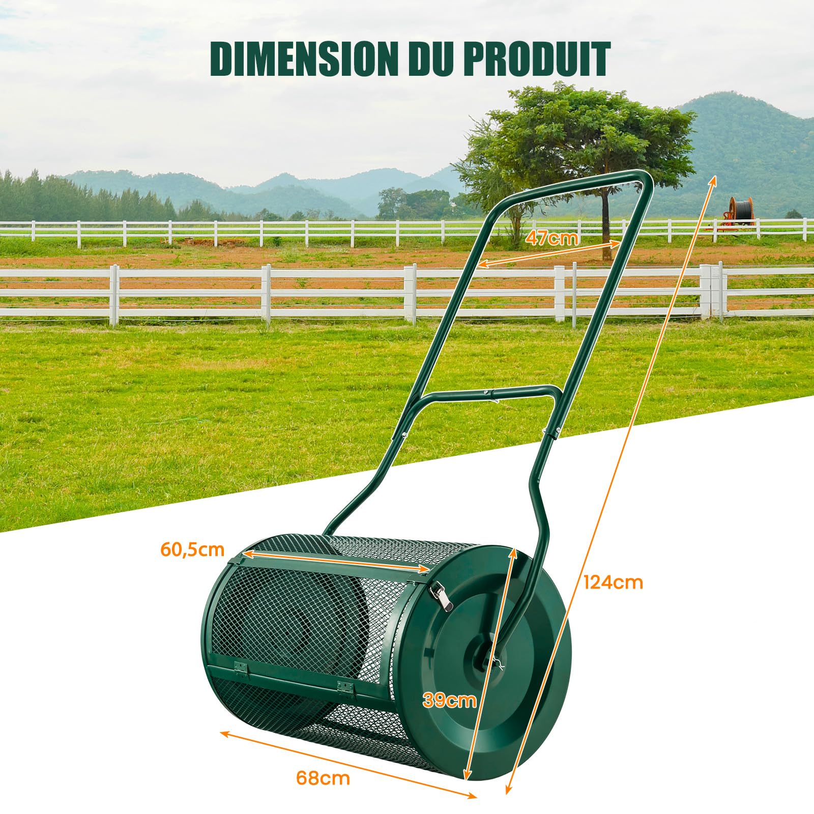 SOARS Rullo Spargiconcime Prato da 80L, Spargiconcime a Rullo Ø39 x 68 cm con Manico e Cestello in Rete Metallica, Spargiterriccio da Giardino per Concimazione e Semina (Verde)
