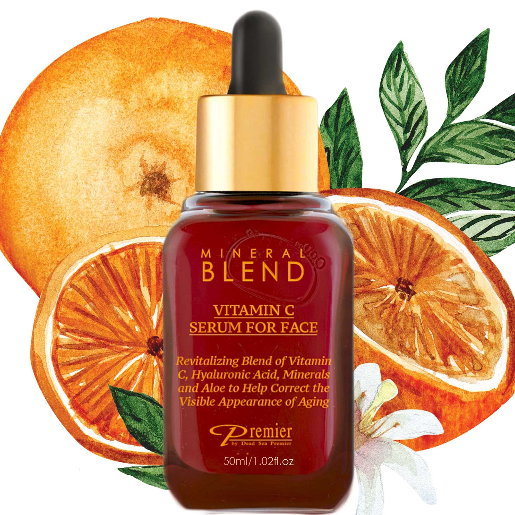 Vitamin C Facial Serum with Hyaluronic Acid & Rose Hips Oil – Cosmetic Face Serum, Mineral Blend by Premier Dead Sea, 1.7 fl oz