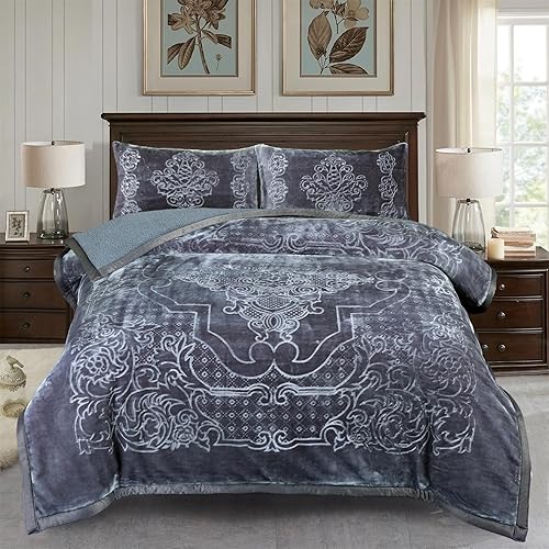 Miniatura 2 de JML Manta de franela Sherpa de 3 piezas, manta cálida de cama pesada de 3 capas con 2 fundas de almohada, manta de invierno gruesa gris sólido,