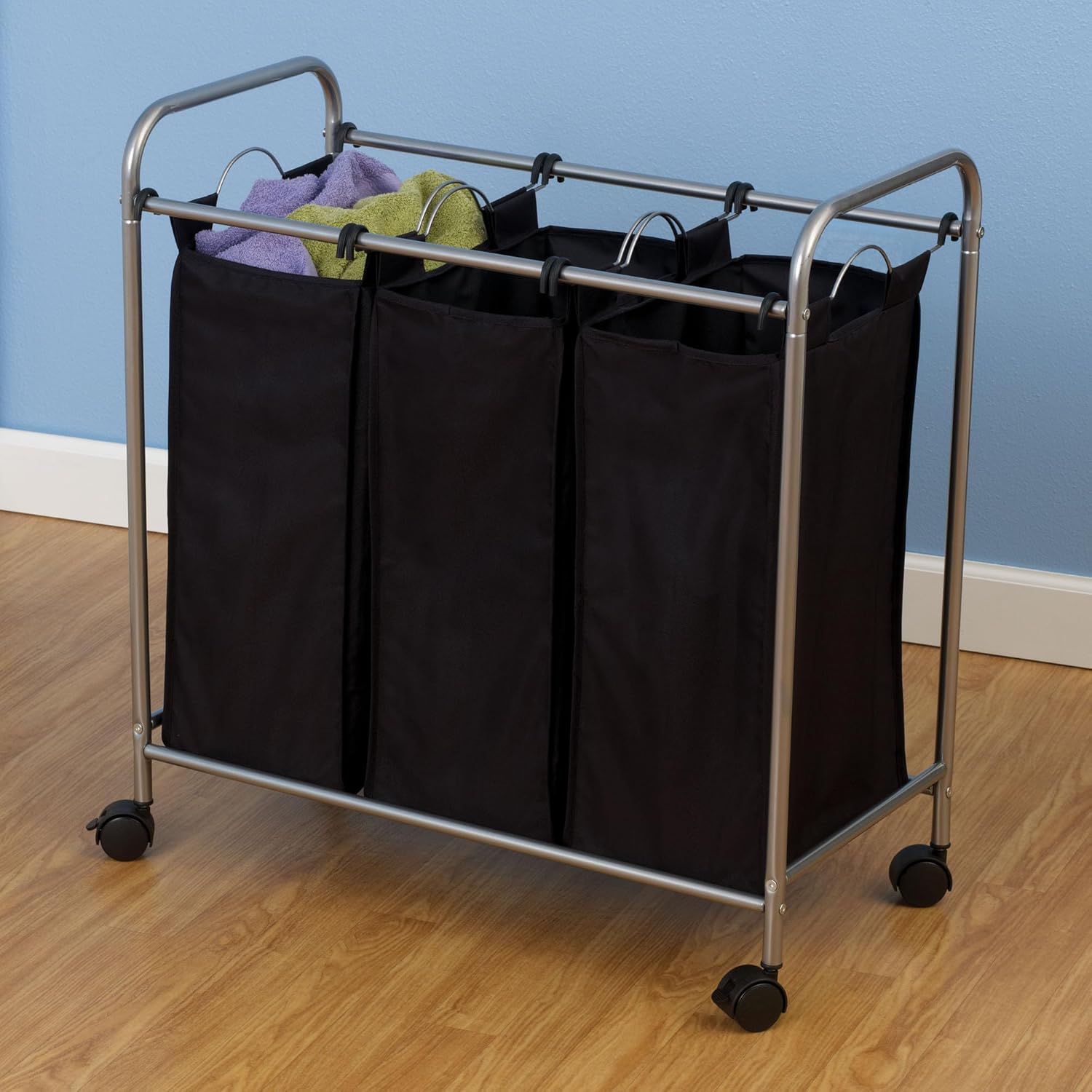 Household Essentials Rolling Triple Laundry Sorter, Silver