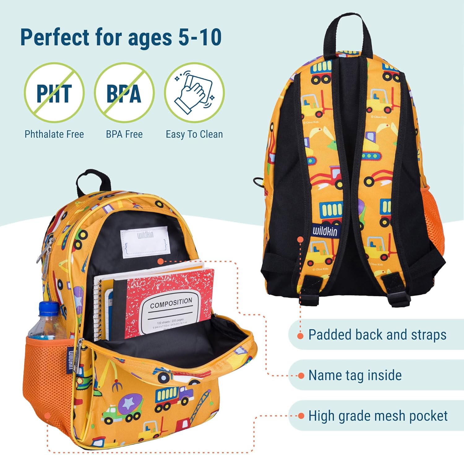 Wildkin 15 Inch Kids Backpack with Lunch Box Bag Bundle - Durable, Lightweight School & Travel Set - Under Construction