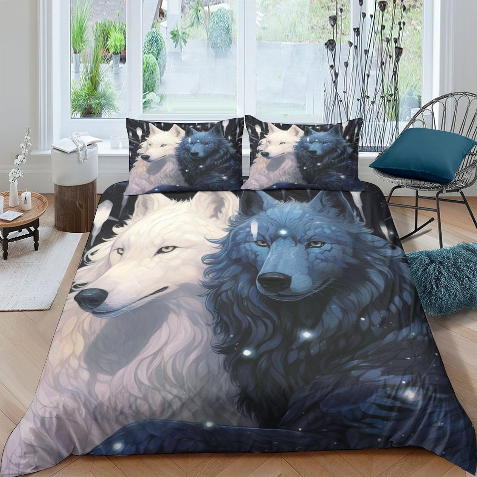 Housse de couette loup microfibre zippée sans plis pour lit double