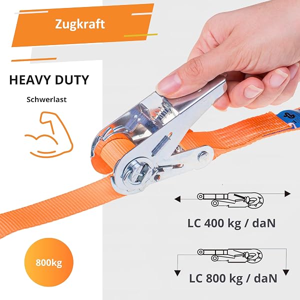 INTAKO Lot de 4 Sangles à Cliquet (4m ou 6m) - 25mm 800kg - Sangles d’Arrimage Moto, Remorque, Quad, Bagages - Certifiées TÜV GS, DIN en 12195-2 (Orange, 4m (Lot de 4)) - 3