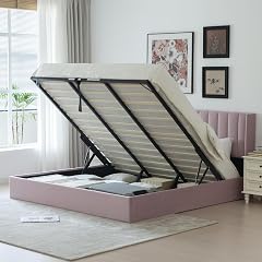 YUHUASHI Liftable Storage Bed with Hydraulic Support Bars King Size Bed Frame with Modern Wingback Design Headboard Wooden