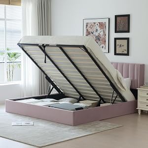 YUHUASHI Liftable Storage Bed with Hydraulic Support Bars King Size Bed Frame with Modern Wingback Design Headboard Wooden