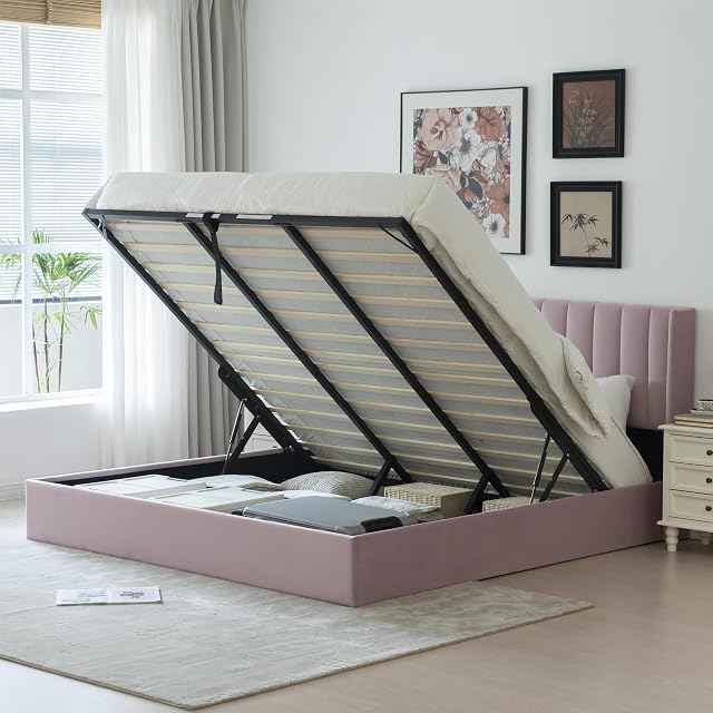 YUHUASHI Liftable Storage Bed with Hydraulic Support Bars King Size Bed Frame with Modern Wingback Design Headboard Wooden