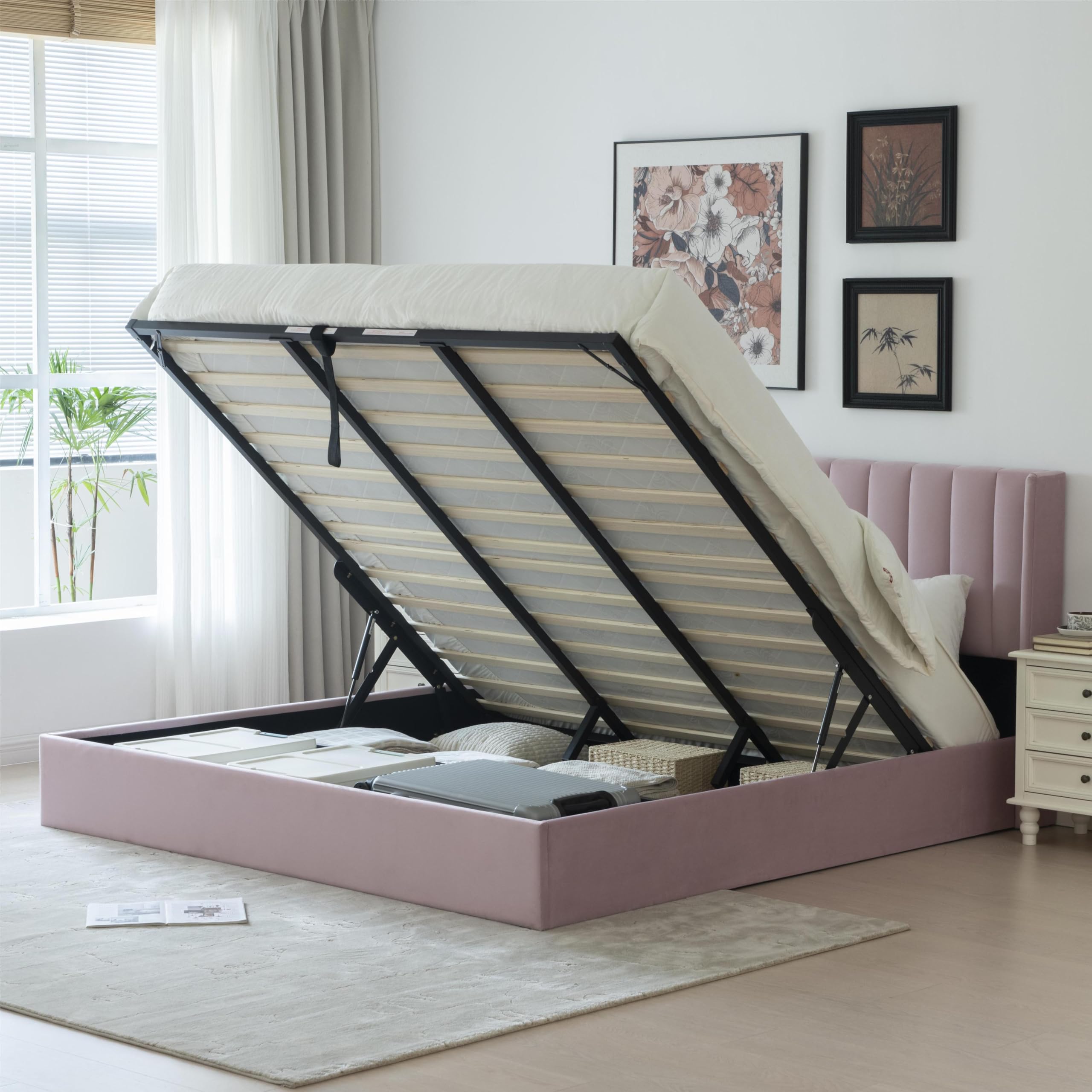 YUHUASHI Liftable Storage Bed with Hydraulic Support Bars King Size Bed Frame with Modern Wingback Design Headboard Wooden